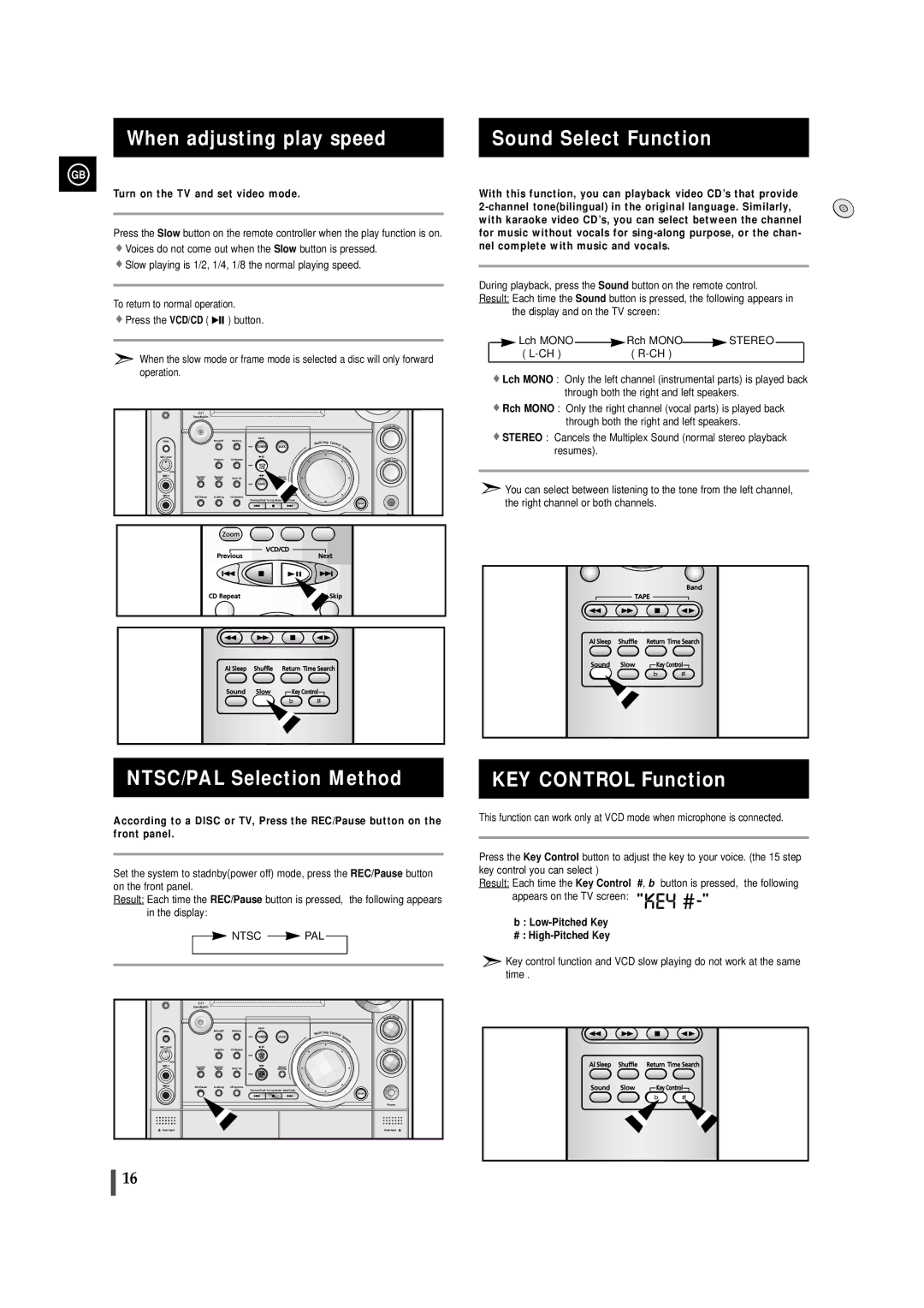 Samsung MAX-VS720 When adjusting play speed, Sound Select Function, NTSC/PAL Selection Method, KEY Control Function 