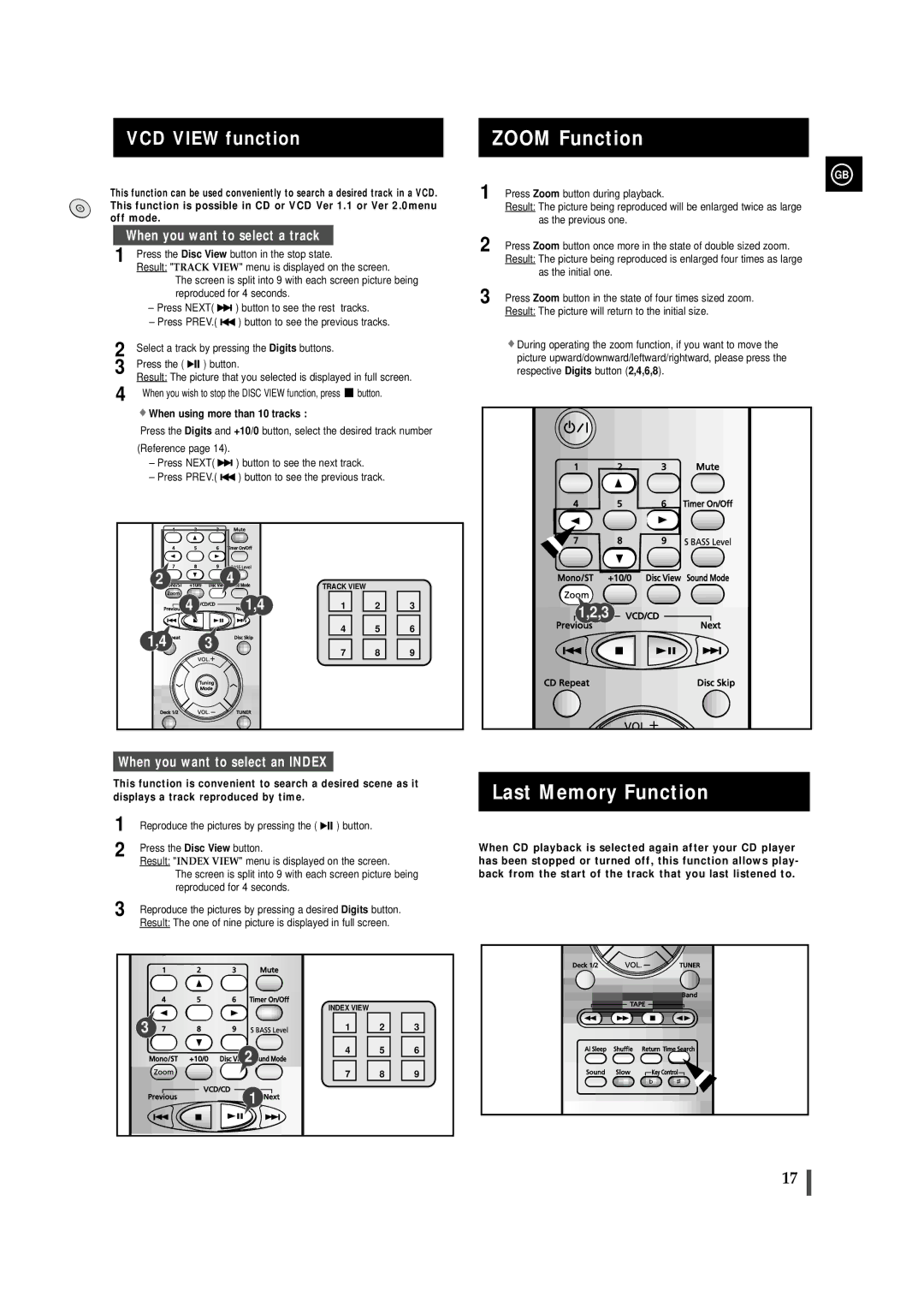 Samsung MAX-VS720 instruction manual Zoom Function, Last Memory Function, VCD View function, When using more than 10 tracks 