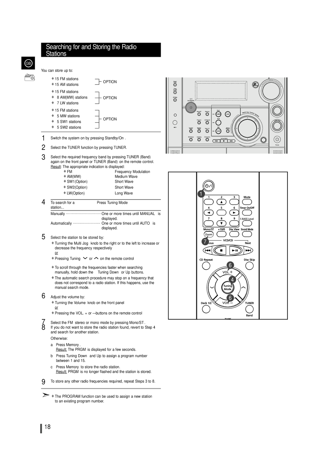 Samsung MAX-VS720 instruction manual Searching for and Storing the Radio Stations, You can store up to, Press Memory 