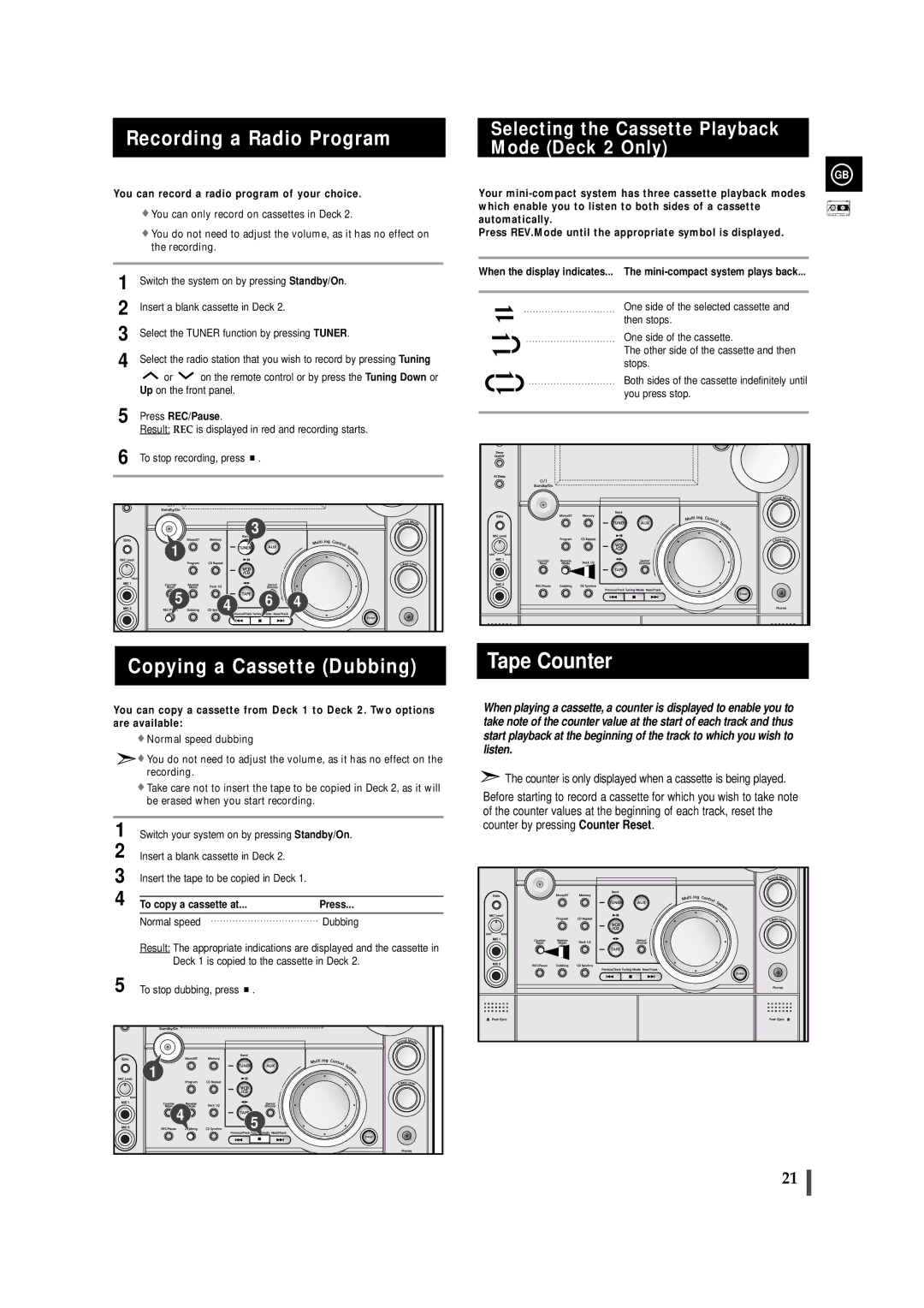 Samsung MAX-VS720 Recording a Radio Program, Copying a Cassette Dubbing, Selecting the Cassette Playback Mode Deck 2 Only 