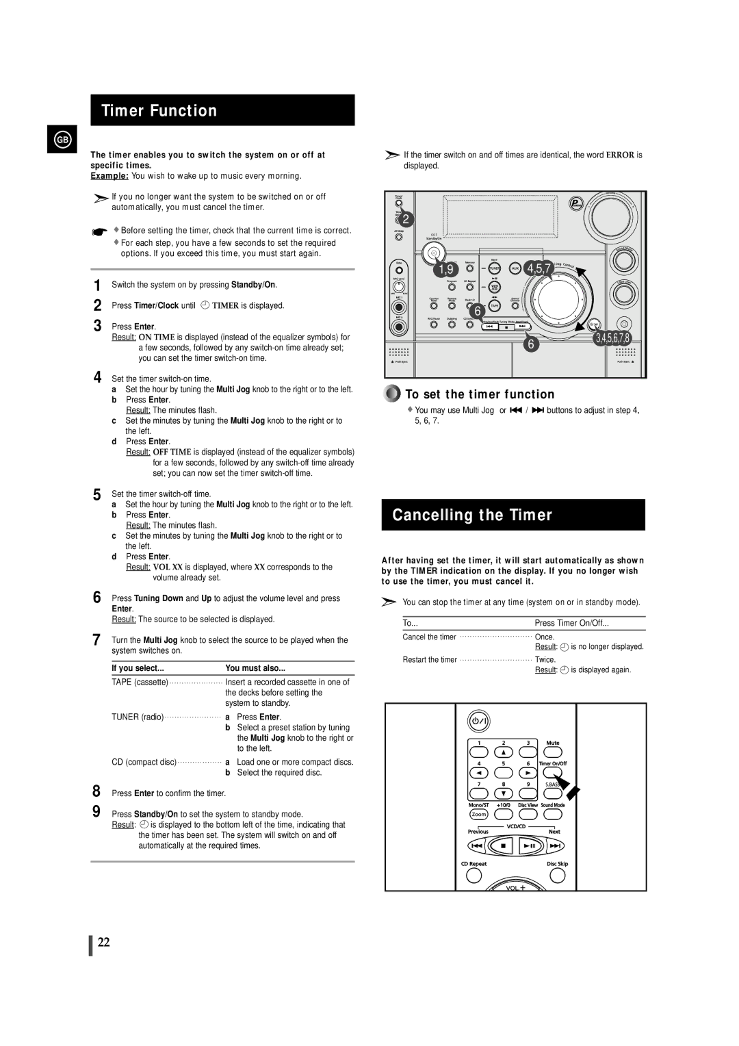 Samsung MAX-VS720 instruction manual Timer Function, Cancelling the Timer 