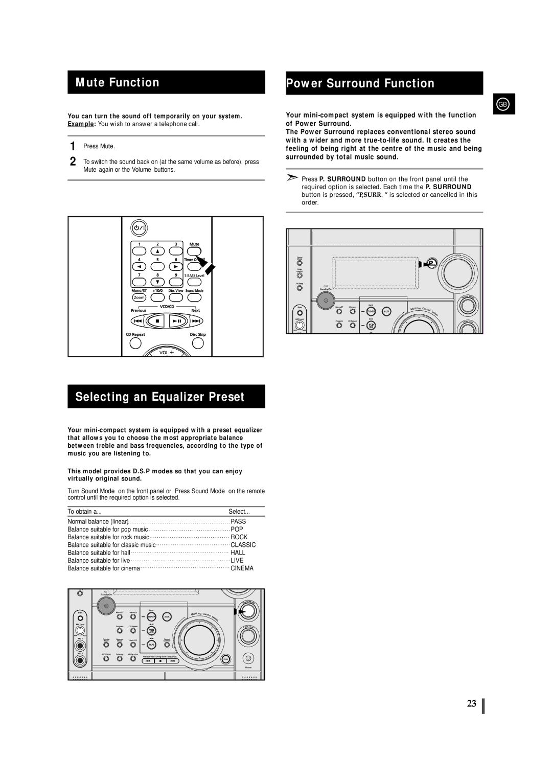 Samsung MAX-VS720 Mute Function, Selecting an Equalizer Preset, Power Surround Function, To obtain a Select 