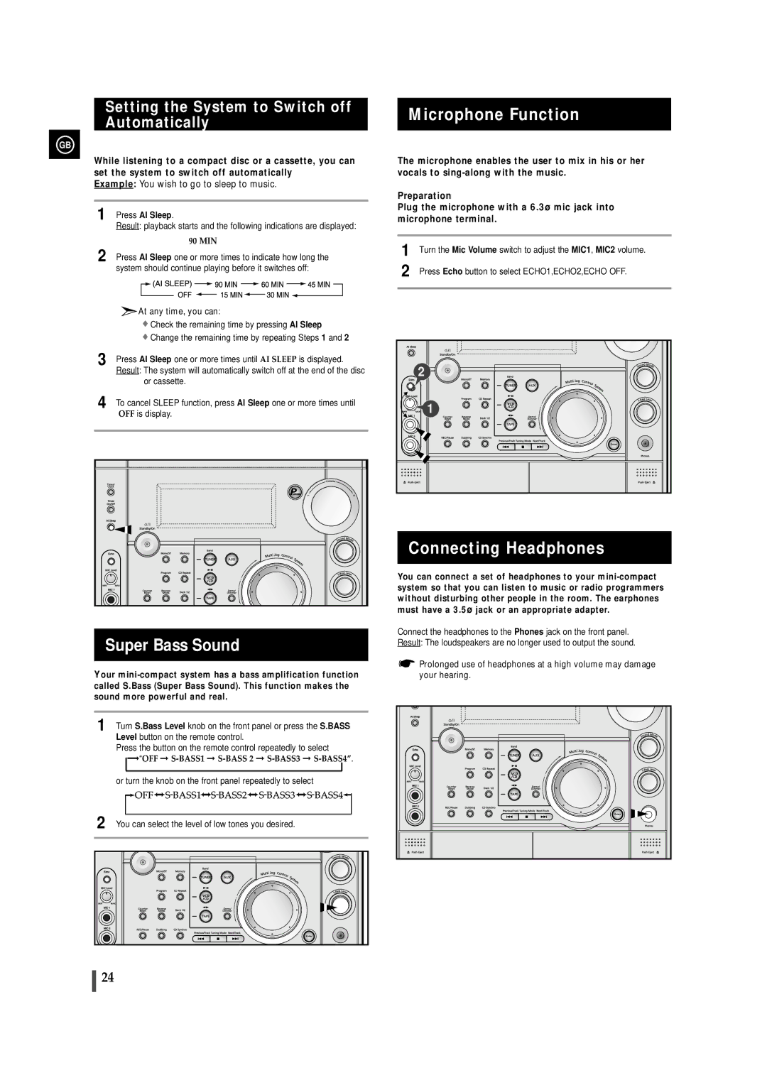 Samsung MAX-VS720 instruction manual Super Bass Sound, Microphone Function, Connecting Headphones, Press AI Sleep 