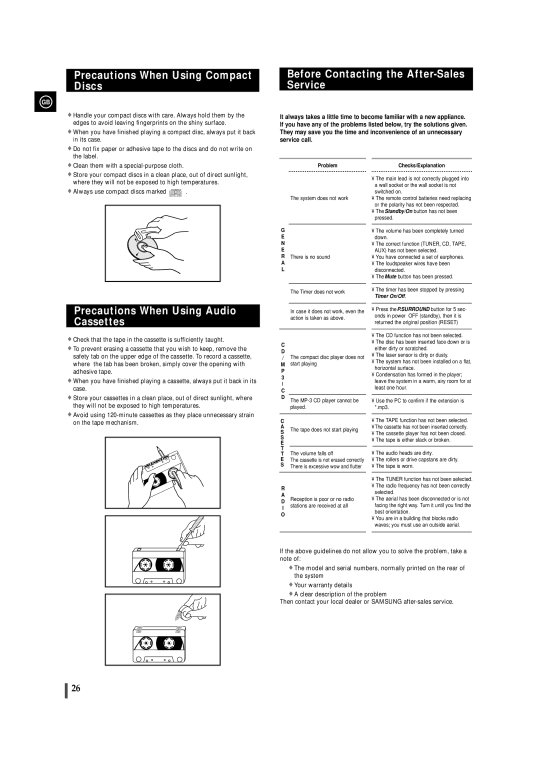 Samsung MAX-VS720 instruction manual Precautions When Using Compact Discs, Before Contacting the After-Sales Service 