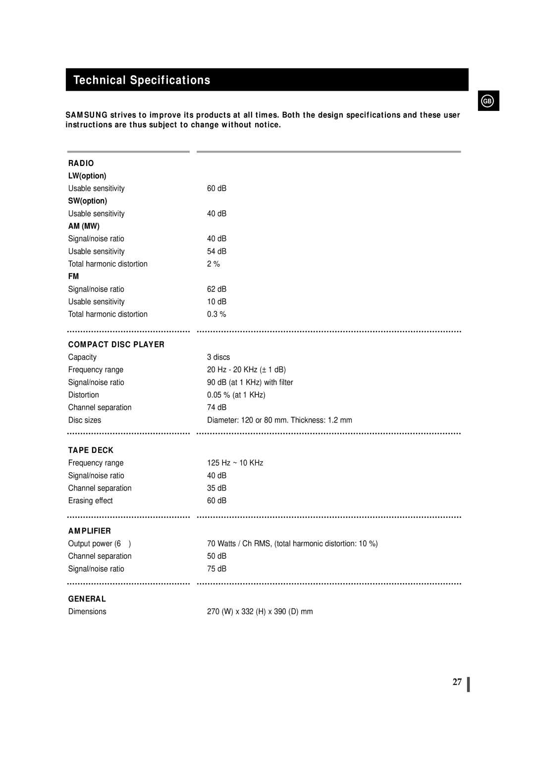 Samsung MAX-VS720 instruction manual Technical Specifications, General 