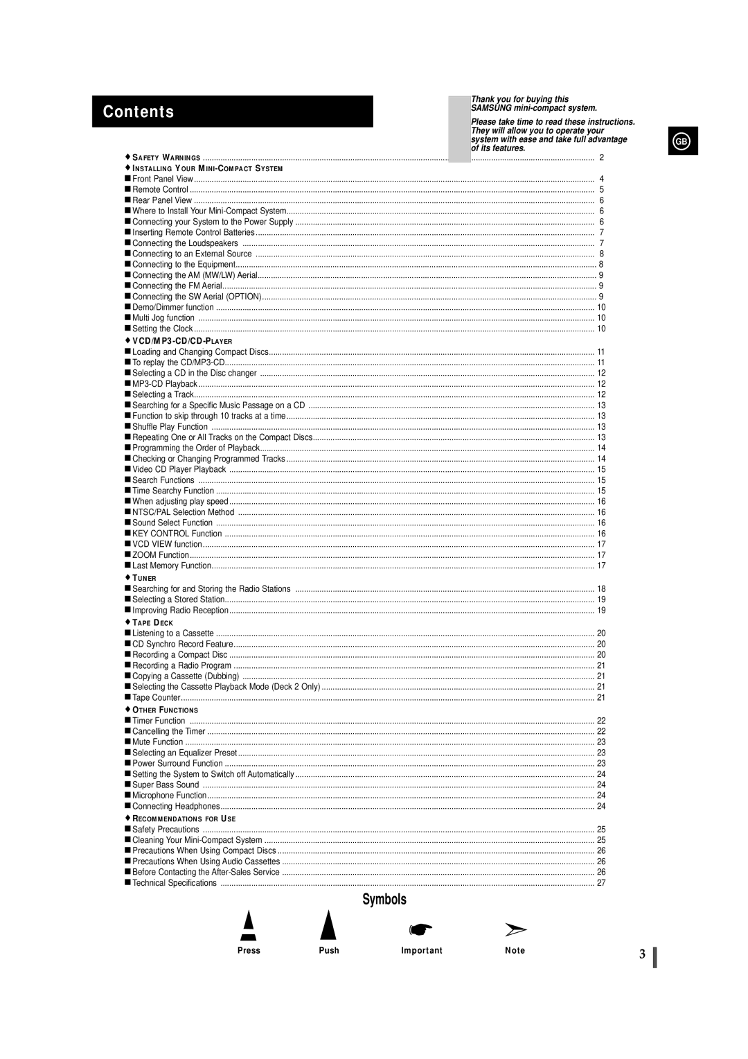 Samsung MAX-VS720 instruction manual Contents 