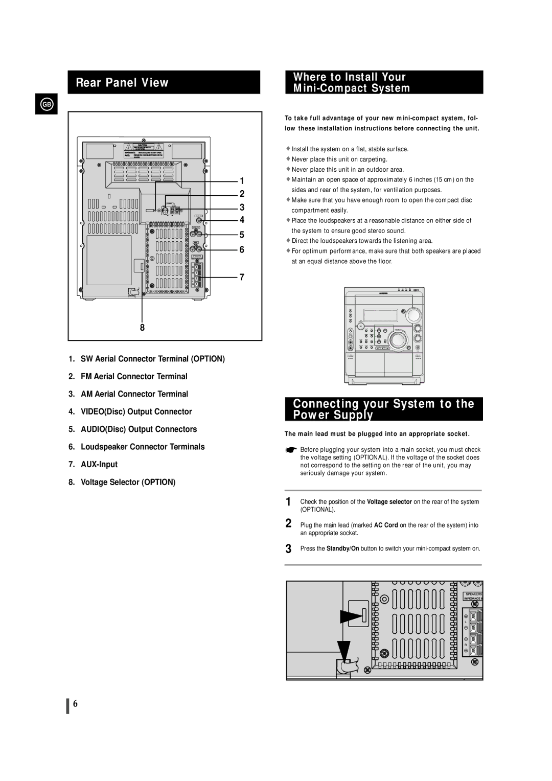 Samsung MAX-VS720 Rear Panel View, Connecting your System to the Power Supply, Where to Install Your Mini-Compact System 