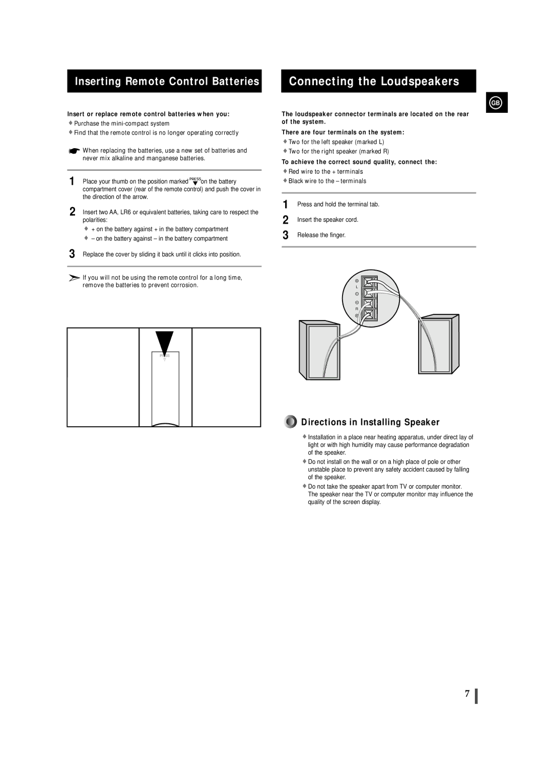 Samsung MAX-VS720 Connecting the Loudspeakers, Inserting Remote Control Batteries, Insert the speaker cord 