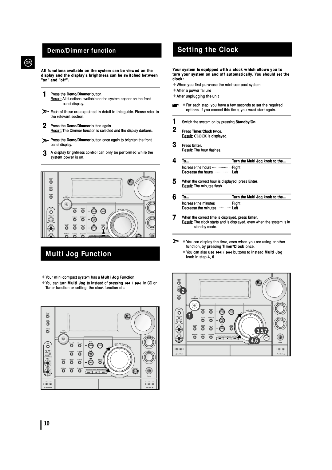 Samsung MAX-VS720 instruction manual Setting the Clock, Multi Jog Function, Demo/Dimmer function 