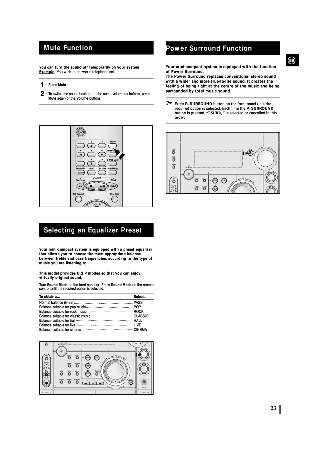 Samsung MAX-VS720 instruction manual Mute Function, Selecting an Equalizer Preset, Power Surround Function, To obtain a 