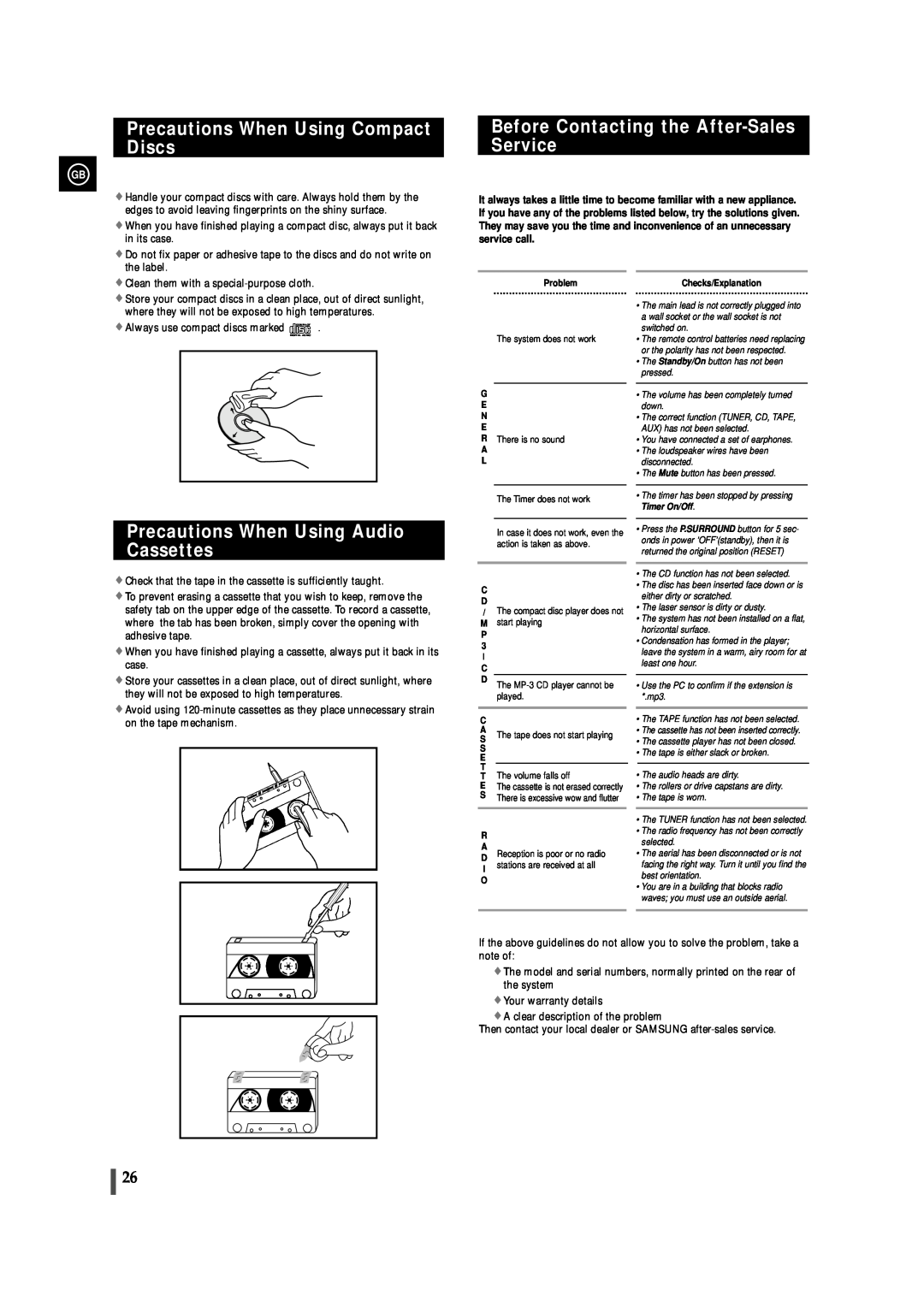 Samsung MAX-VS720 instruction manual Precautions When Using Compact Discs, Before Contacting the After-SalesService 