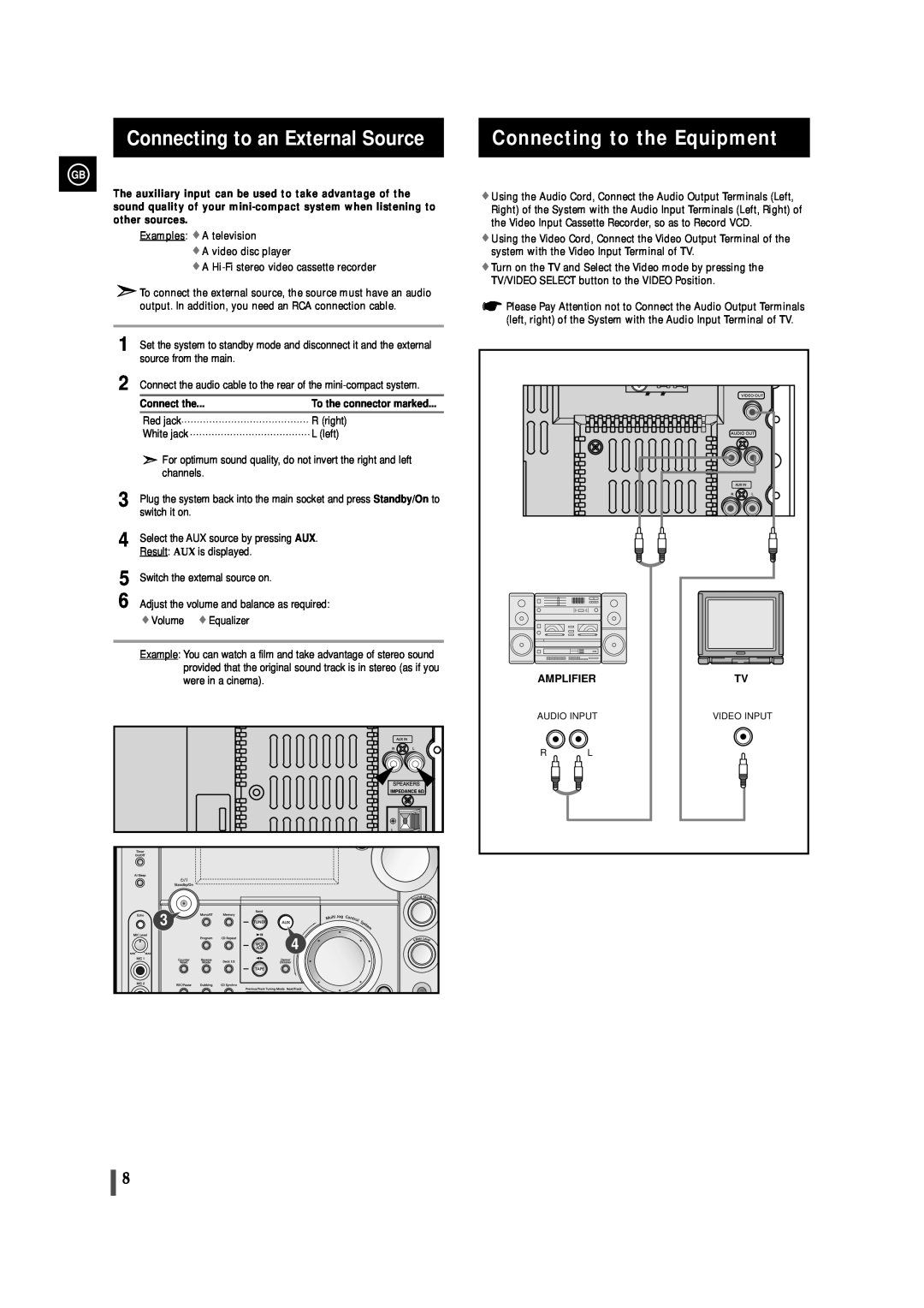 Samsung MAX-VS720 instruction manual Connecting to an External Source, Connecting to the Equipment, Connect the, Amplifier 