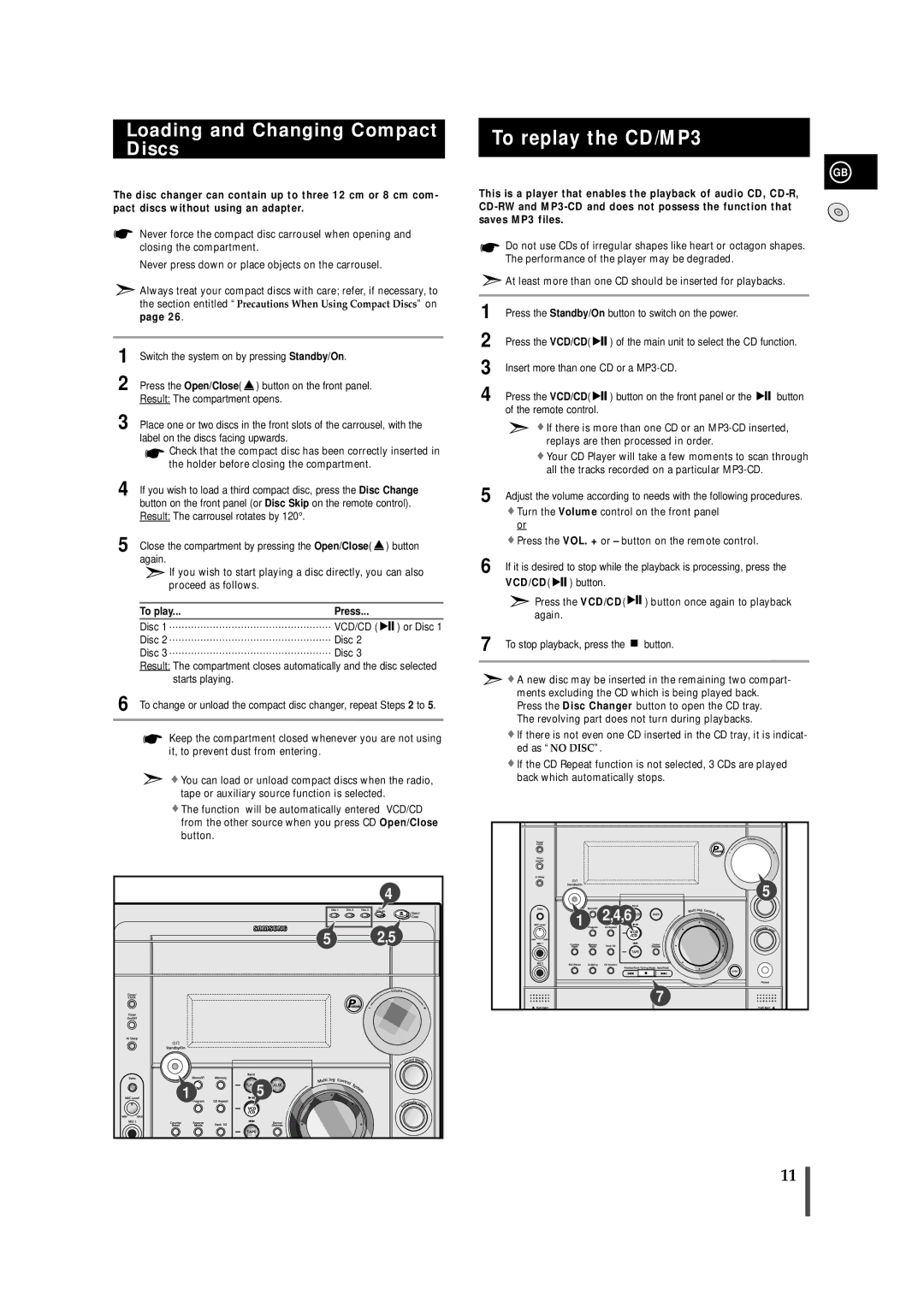 Samsung AH68-01236A, MAX-VS730, MAX-VS750 To replay the CD/MP3, Loading and Changing Compact Discs, To play Press 