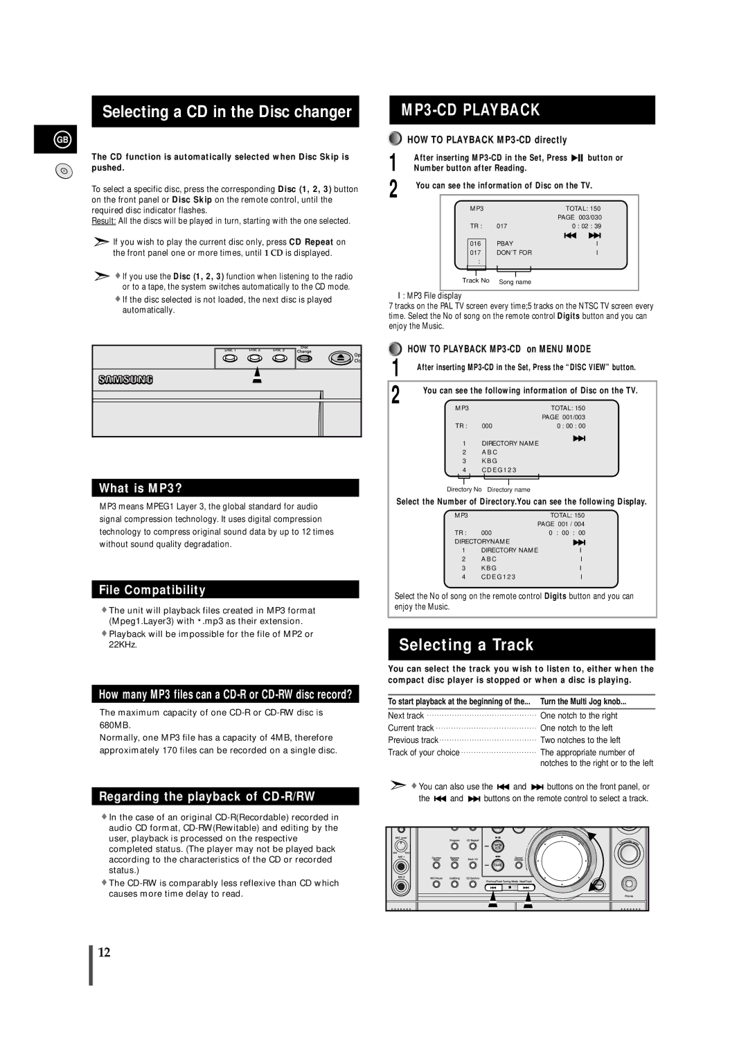 Samsung MAX-VS730, MAX-VS750 Selecting a CD in the Disc changer, Selecting a Track, HOW to Playback MP3-CD directly 