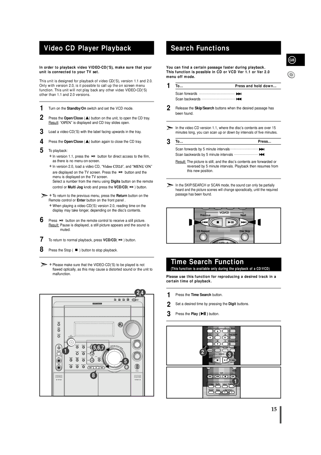 Samsung MAX-VS730, MAX-VS750, AH68-01236A Video CD Player Playback, Search Functions, Time Search Function, Press 