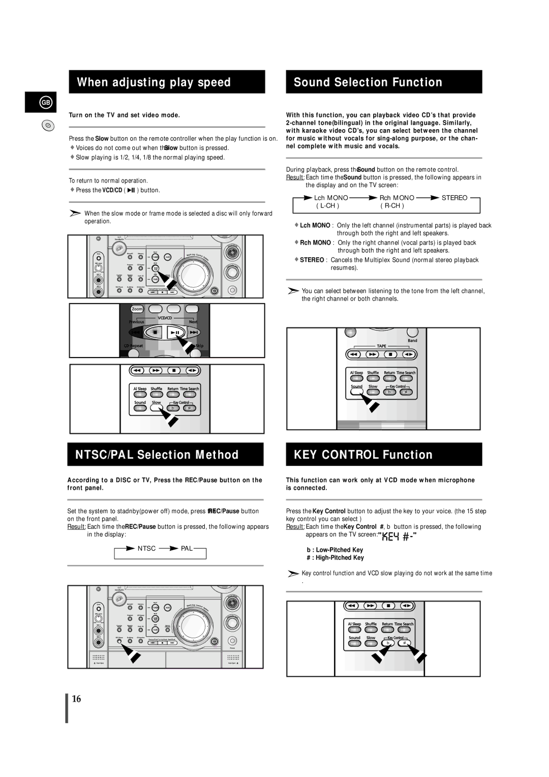 Samsung MAX-VS750 When adjusting play speed, Sound Selection Function, NTSC/PAL Selection Method KEY Control Function 