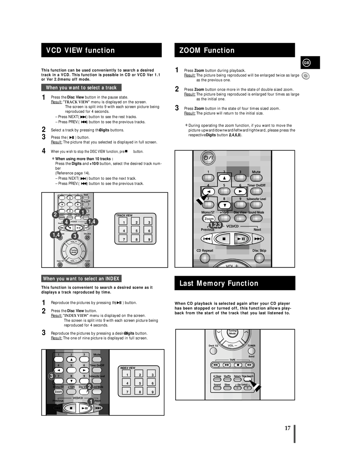 Samsung AH68-01236A, MAX-VS730 VCD View function, Zoom Function, Last Memory Function, When using more than 10 tracks 