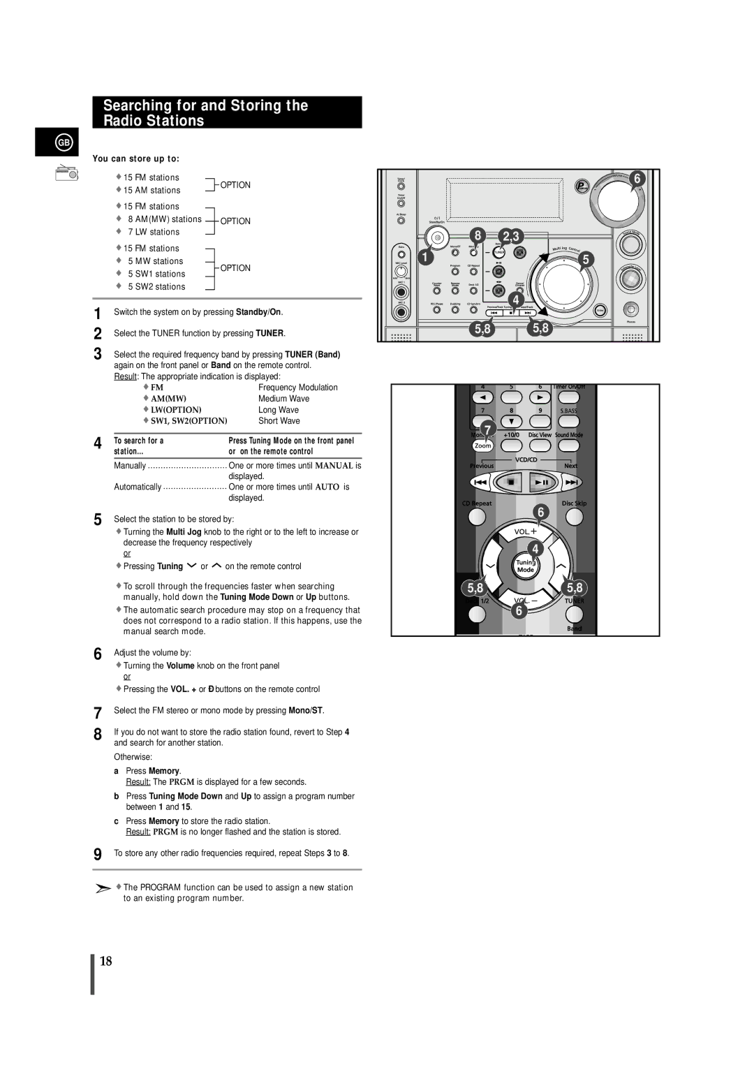 Samsung MAX-VS730 Searching for and Storing the Radio Stations, You can store up to, To search for a, Press Memory 