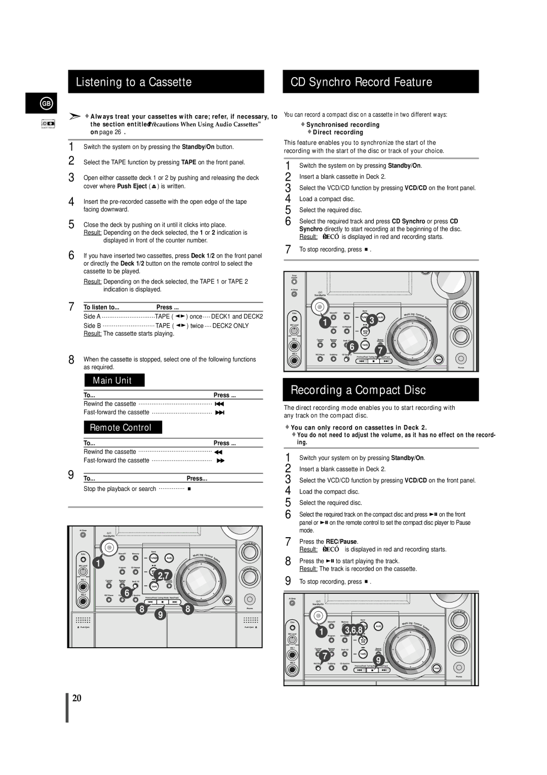 Samsung AH68-01236A, MAX-VS730, MAX-VS750 Listening to a Cassette, CD Synchro Record Feature, Recording a Compact Disc 