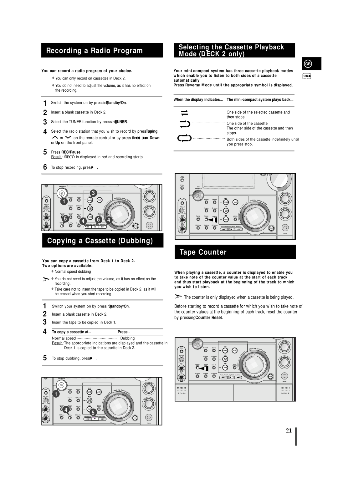 Samsung MAX-VS730, MAX-VS750, AH68-01236A Recording a Radio Program, Copying a Cassette Dubbing, Tape Counter 