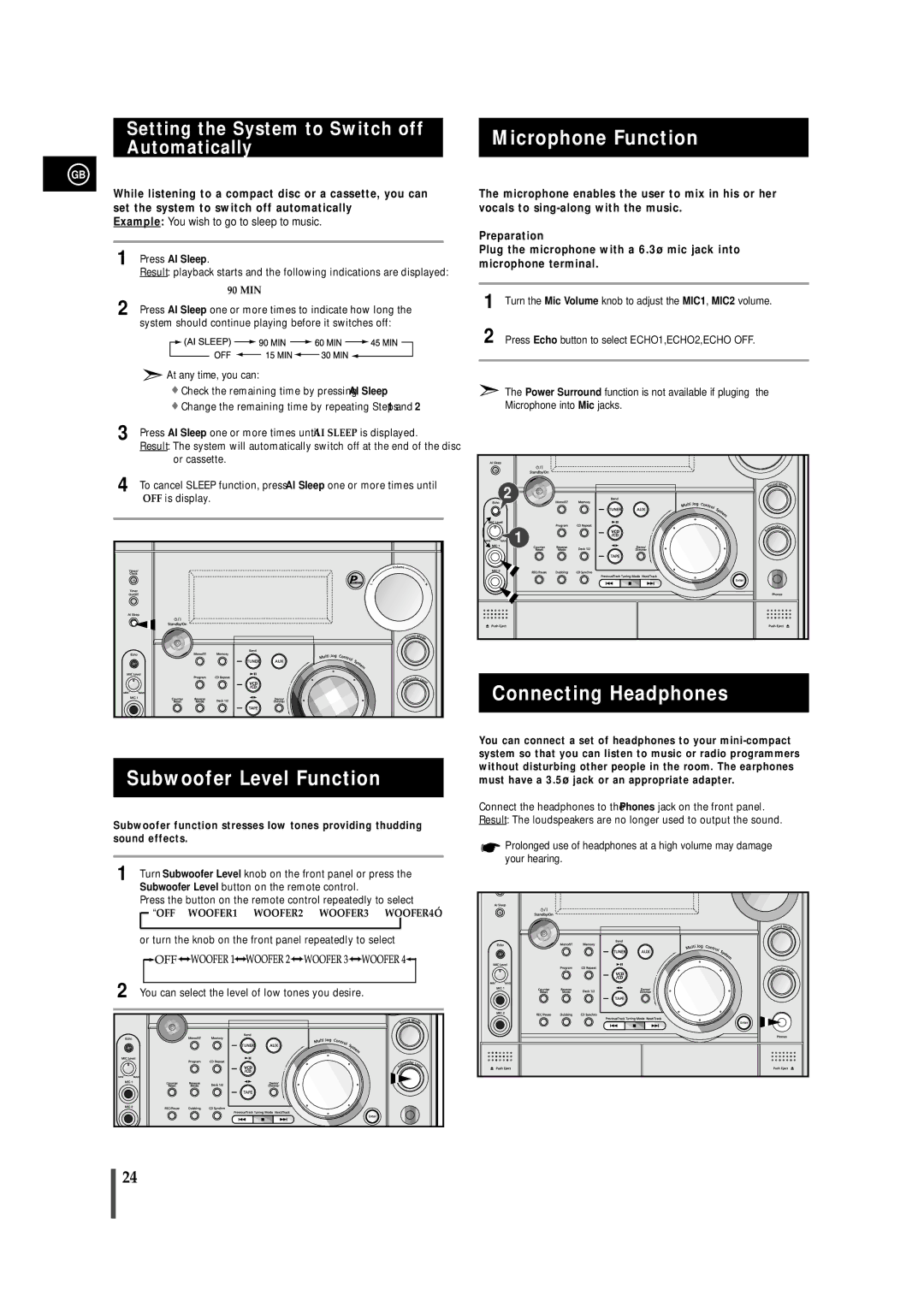 Samsung MAX-VS730, MAX-VS750 Subwoofer Level Function, Microphone Function, Connecting Headphones, Press AI Sleep 