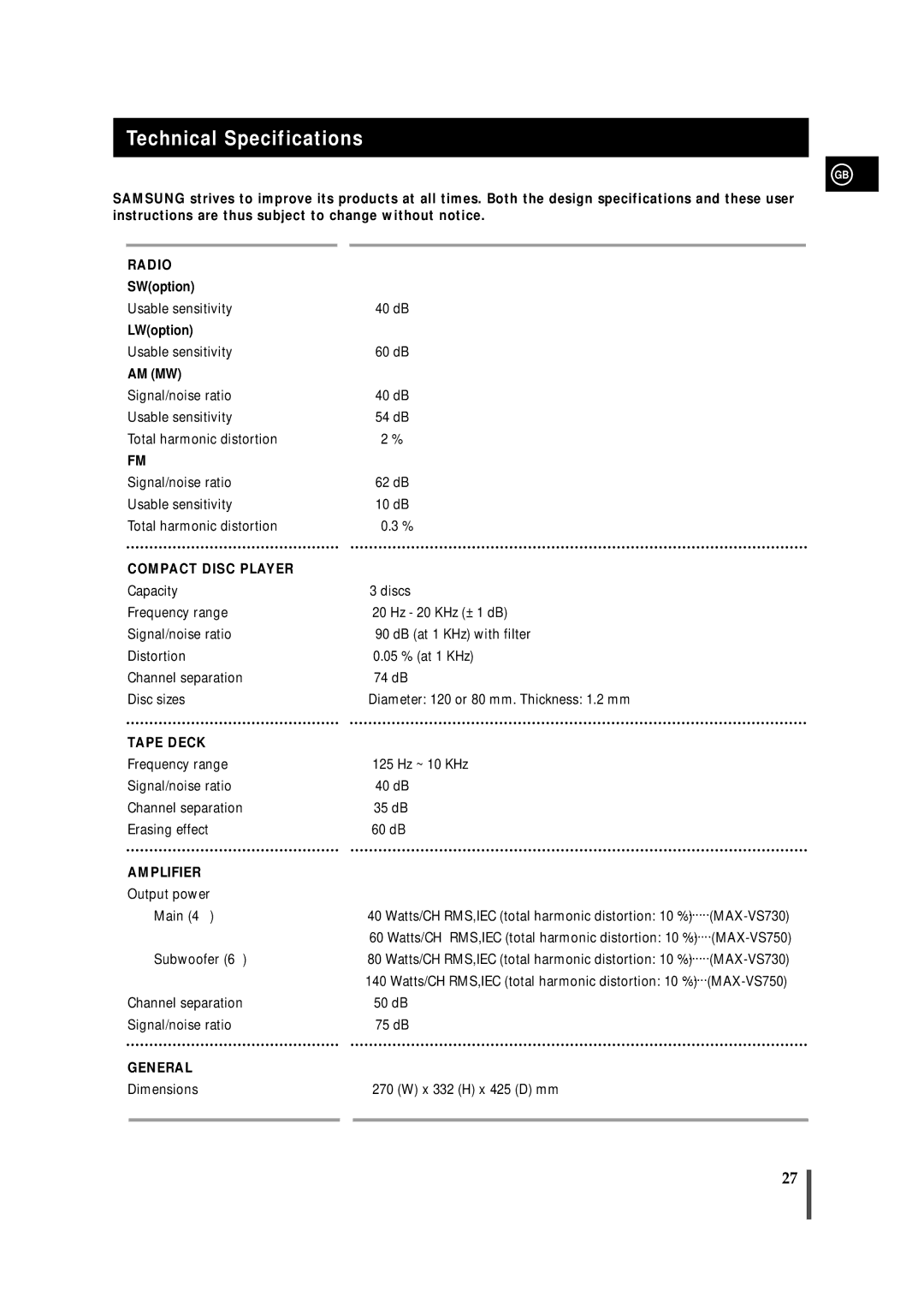 Samsung MAX-VS730, MAX-VS750, AH68-01236A instruction manual Technical Specifications, Compact Disc Player 