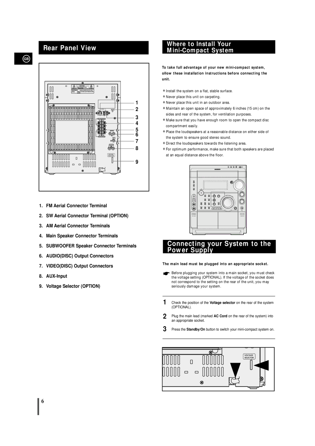 Samsung MAX-VS730 Rear Panel View, Connecting your System to the Power Supply, Where to Install Your Mini-Compact System 