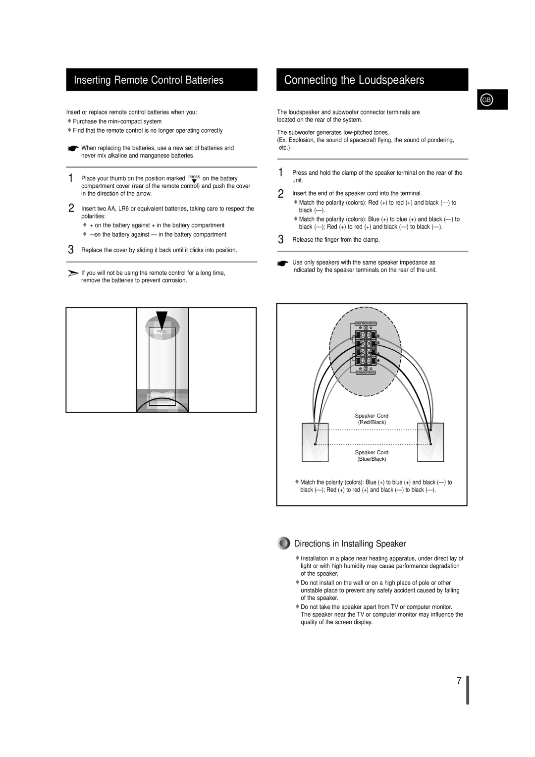 Samsung MAX-VS750, MAX-VS730, AH68-01236A instruction manual Connecting the Loudspeakers, Inserting Remote Control Batteries 