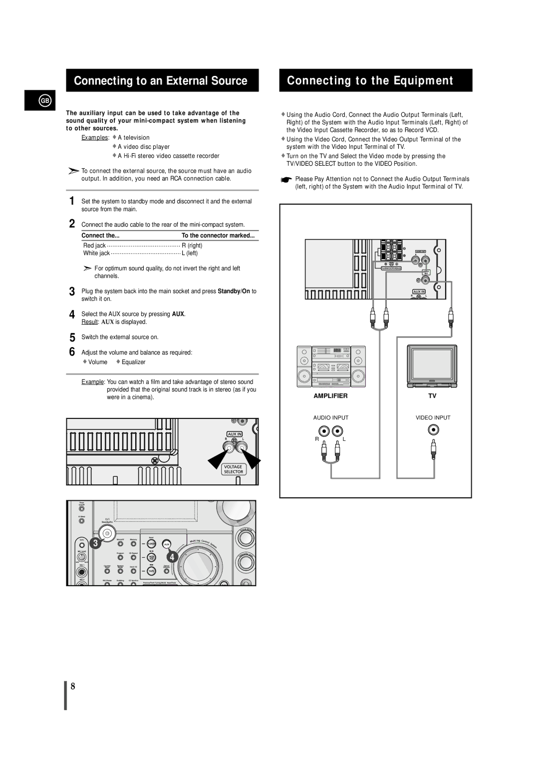 Samsung AH68-01236A Connecting to an External Source, Connecting to the Equipment, Red jack Right White jack Left 