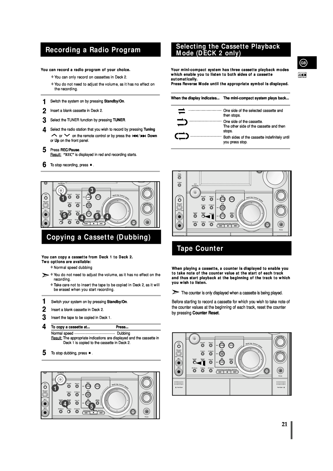 Samsung MAX-VS730, MAX-VS750, AH68-01236A Recording a Radio Program, Copying a Cassette Dubbing, Tape Counter 