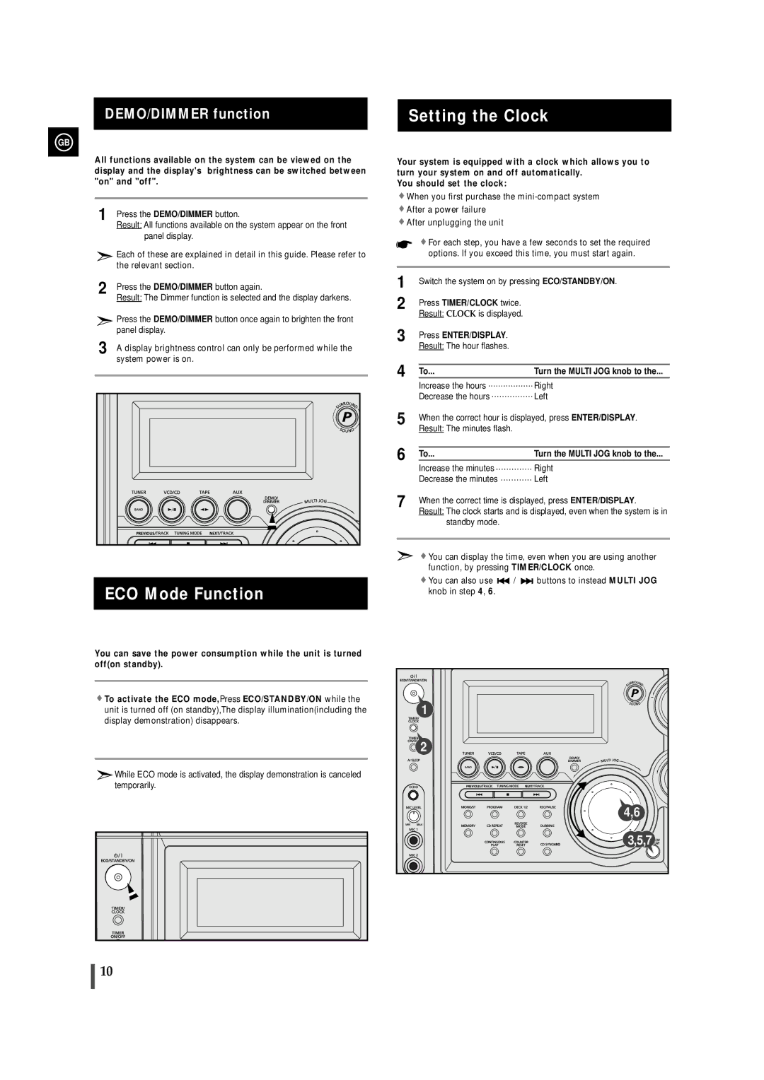 Samsung MAX-VS990, MAX-VS950, MAX-VS940 instruction manual ECO Mode Function, Setting the Clock, Press ENTER/DISPLAY 