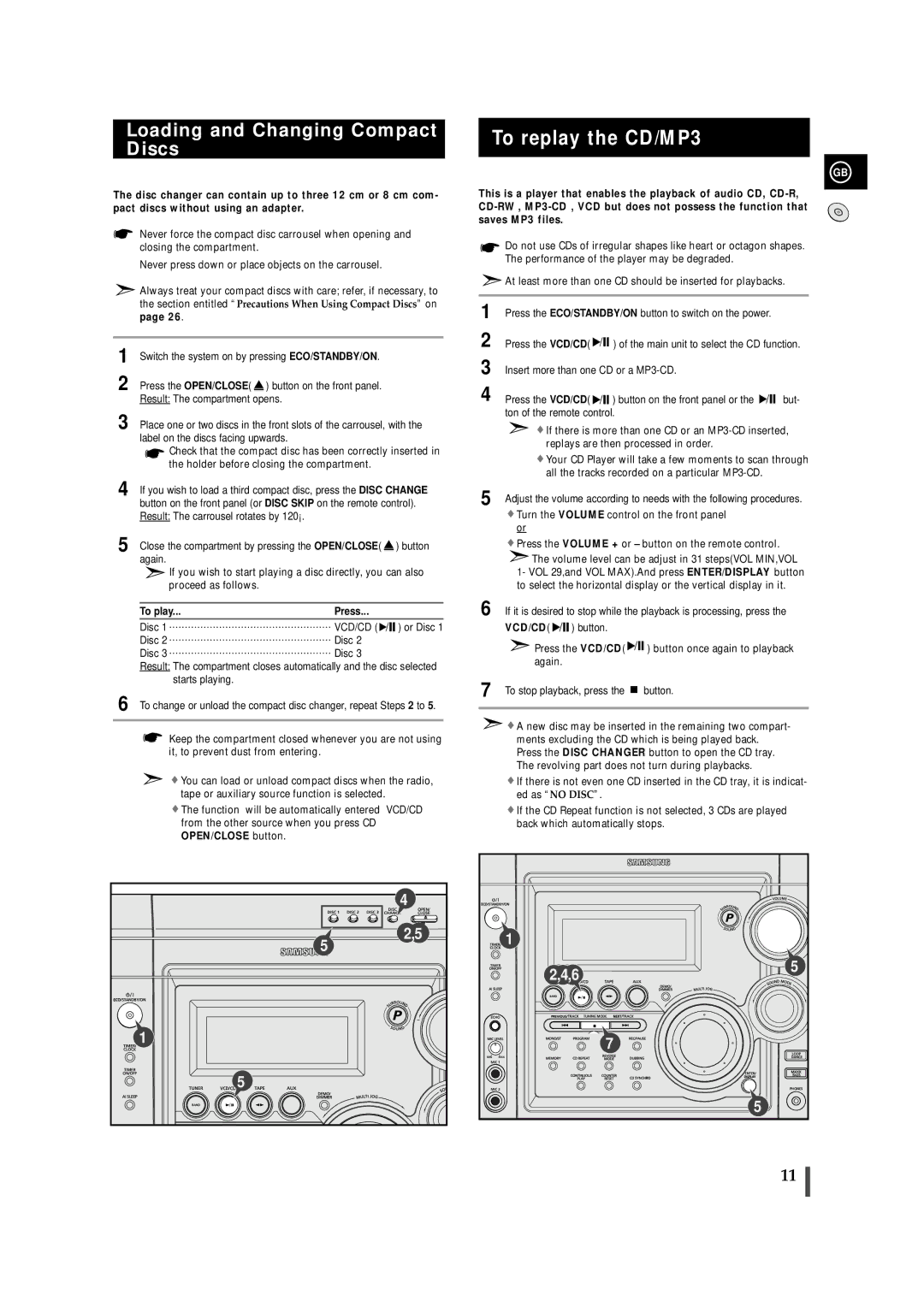 Samsung MAX-VS940, MAX-VS950, MAX-VS990 To replay the CD/MP3, Loading and Changing Compact Discs, To play Press 