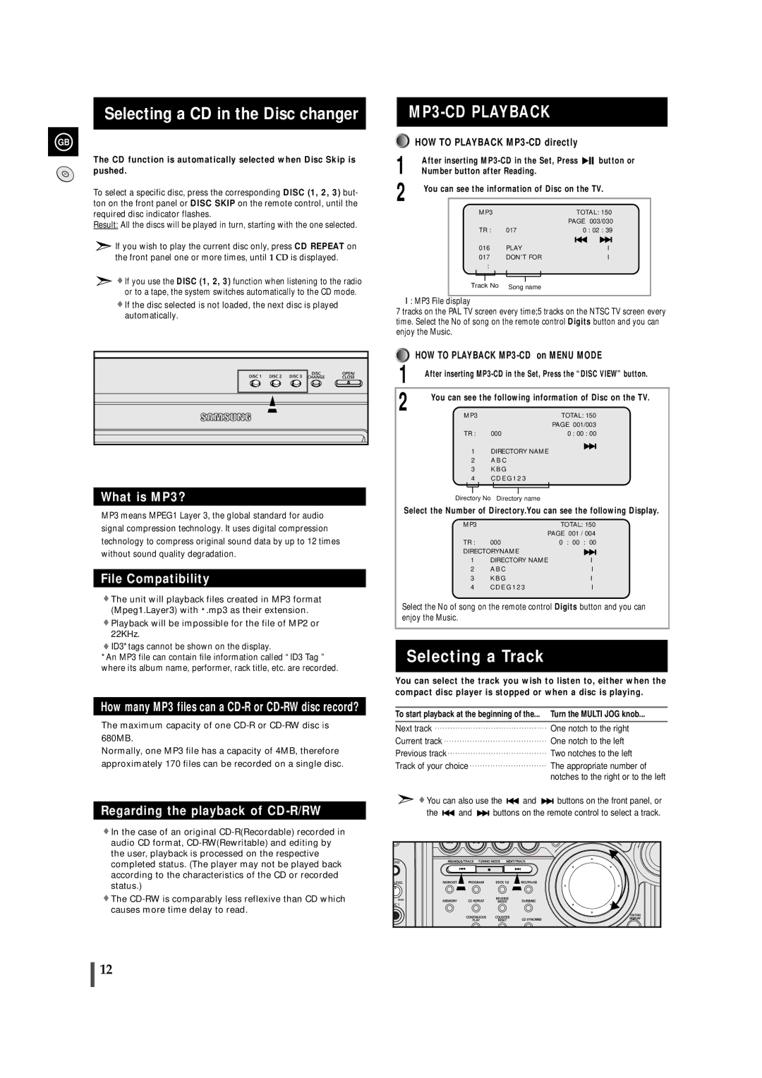 Samsung MAX-VS950, MAX-VS990 Selecting a CD in the Disc changer, Selecting a Track, HOW to Playback MP3-CD directly 