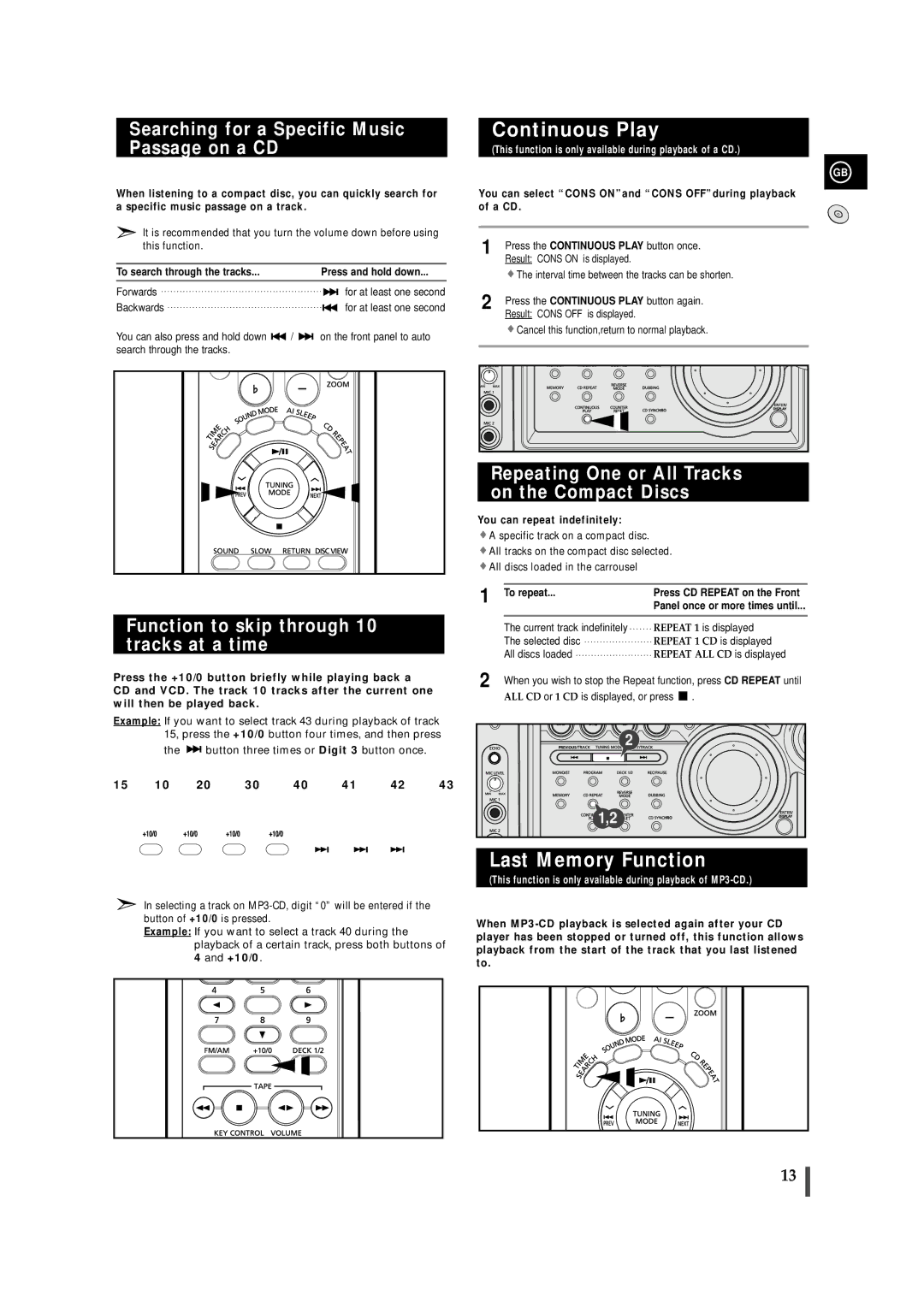 Samsung MAX-VS990, MAX-VS950 Continuous Play, Last Memory Function, Searching for a Specific Music Passage on a CD 