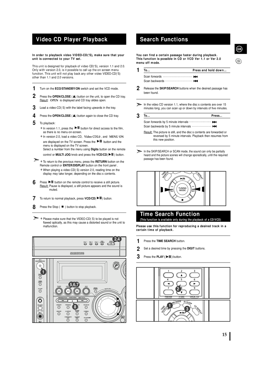 Samsung MAX-VS950, MAX-VS990, MAX-VS940 instruction manual Video CD Player Playback, Search Functions, Time Search Function 