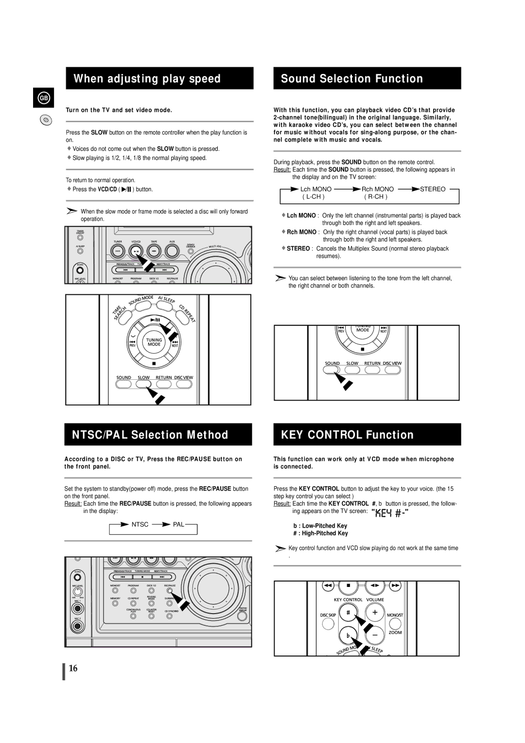 Samsung MAX-VS990 When adjusting play speed, Sound Selection Function, NTSC/PAL Selection Method KEY Control Function 