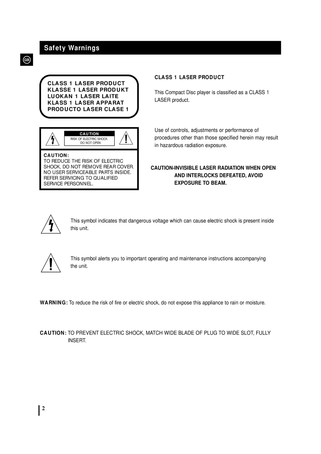 Samsung MAX-VS940, MAX-VS950, MAX-VS990 instruction manual Safety Warnings, Class 1 Laser Product 