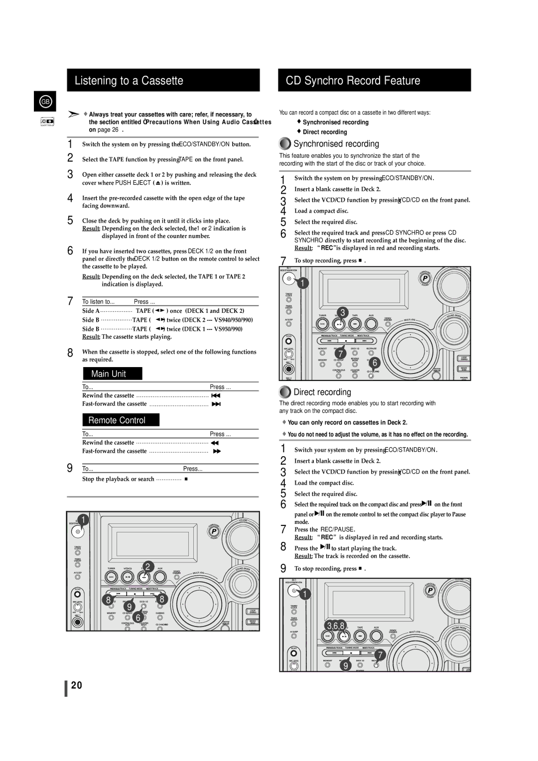 Samsung MAX-VS940, MAX-VS950, MAX-VS990 instruction manual Listening to a Cassette, CD Synchro Record Feature 