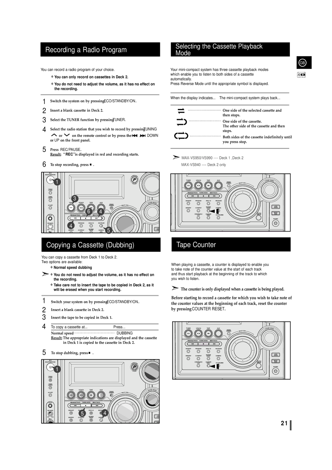 Samsung MAX-VS950, MAX-VS990, MAX-VS940 Recording a Radio Program, Copying a Cassette Dubbing, Tape Counter 