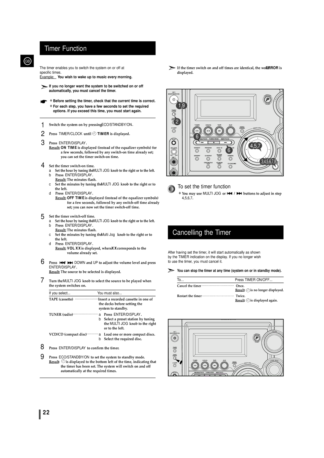 Samsung MAX-VS990, MAX-VS950 Timer Function, Cancelling the Timer, Press TIMER/CLOCK until, If you select You must also 