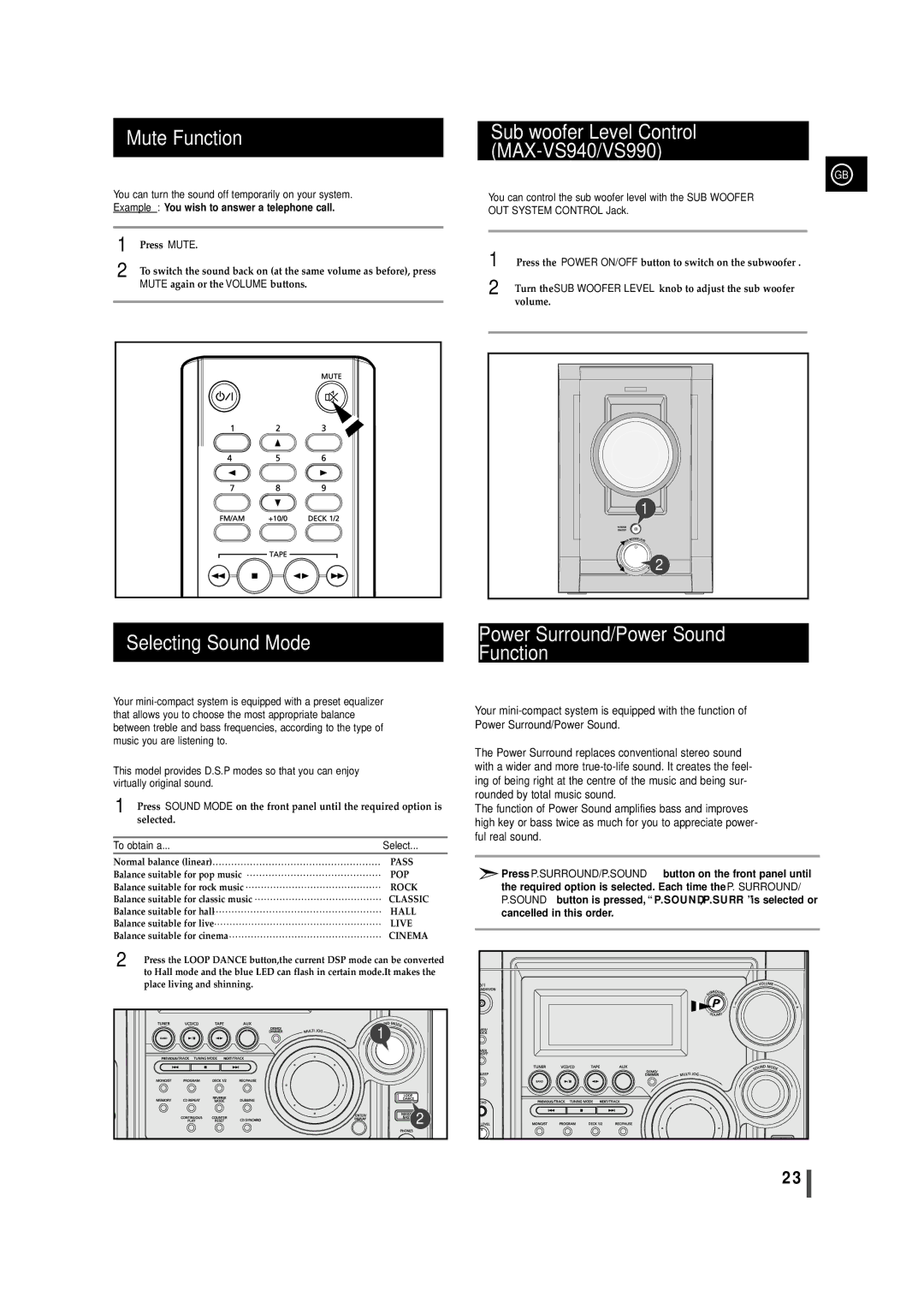 Samsung MAX-VS950, MAX-VS990 Mute Function, Sub woofer Level Control MAX-VS940/VS990, To obtain a Select 