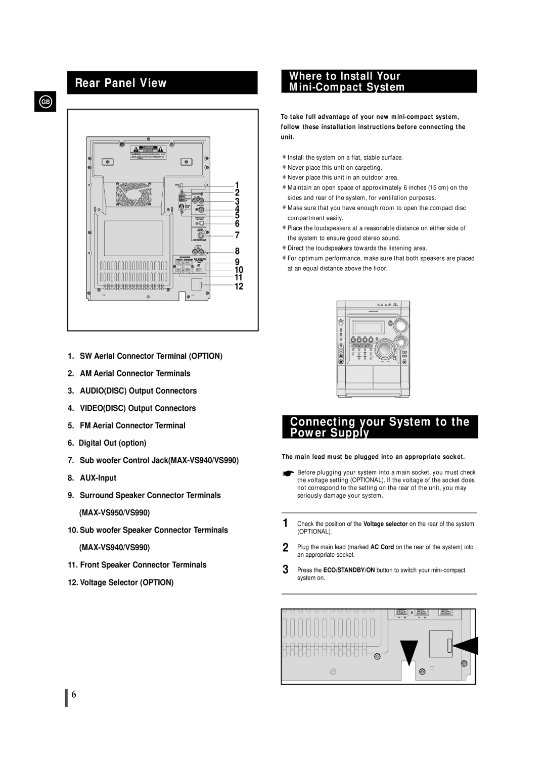 Samsung MAX-VS950 Rear Panel View, Connecting your System to the Power Supply, Where to Install Your Mini-Compact System 