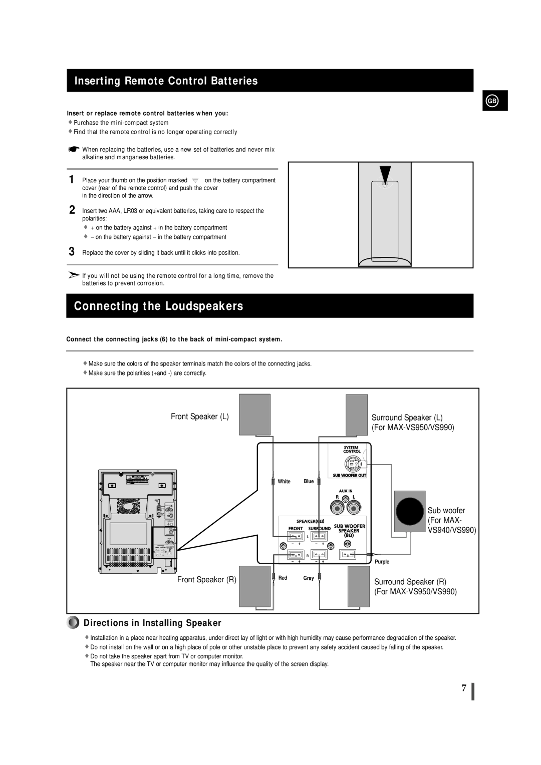 Samsung MAX-VS990, MAX-VS950 Connecting the Loudspeakers, Inserting Remote Control Batteries, Direction of the arrow 