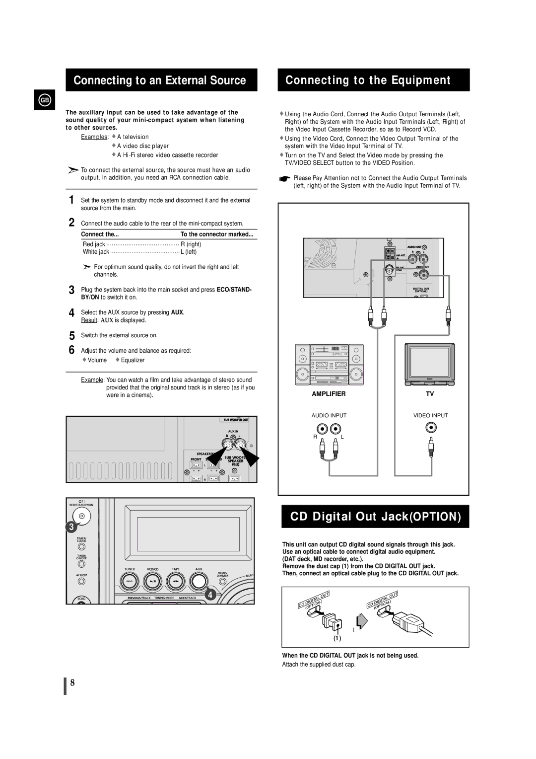 Samsung MAX-VS940, MAX-VS950 Connecting to an External Source, Connecting to the Equipment, CD Digital Out JackOPTION 