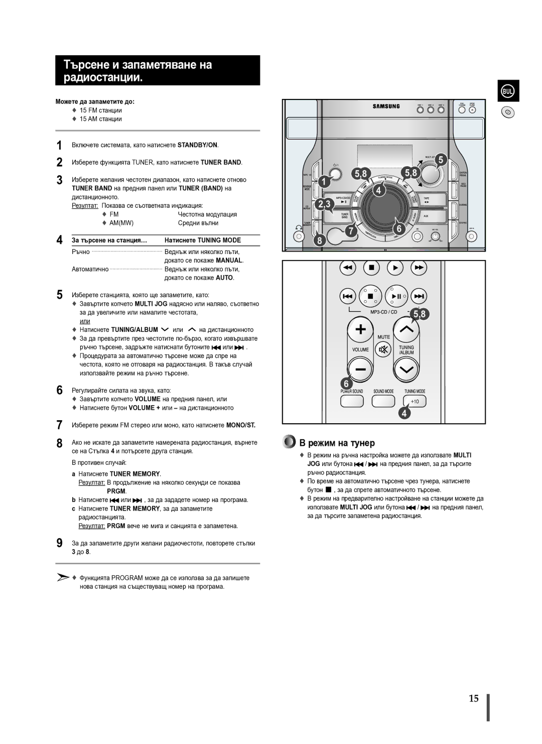 Samsung MAX-X66R/EDC manual Търсене и запаметяване на радиостанции, Prgm 