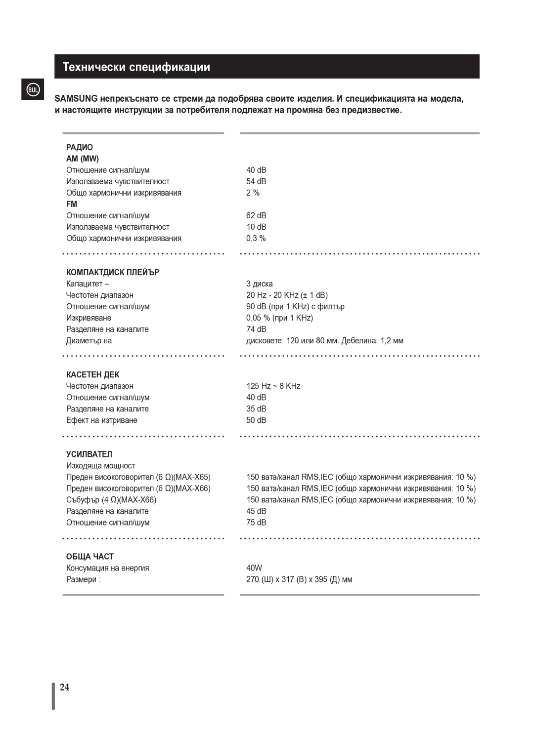 Samsung MAX-X66R/EDC manual Технически спецификации, Радио AM MW 