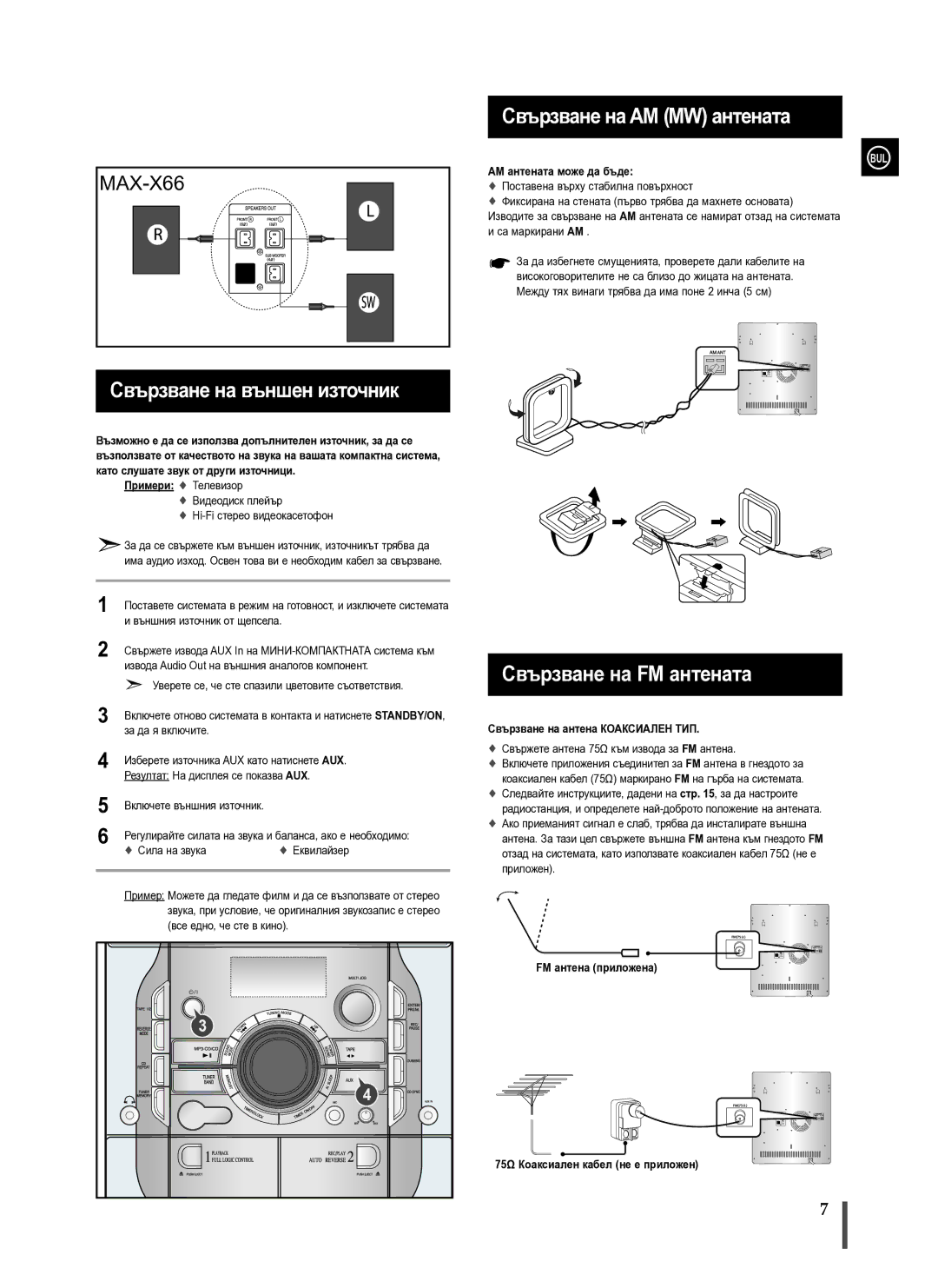 Samsung MAX-X66R/EDC manual Свързване на външен източник, Свързване на AM MW антената, Свързване на FM антената 