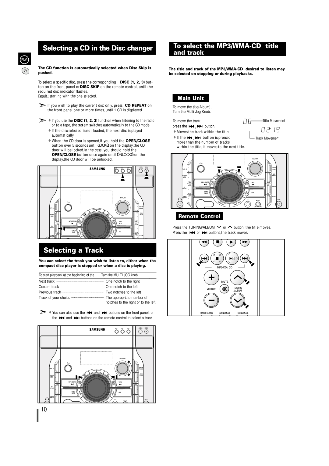 Samsung MAX-X66R/EDC manual Selecting a CD in the Disc changer, Selecting a Track, To select the MP3/WMA-CD title and track 