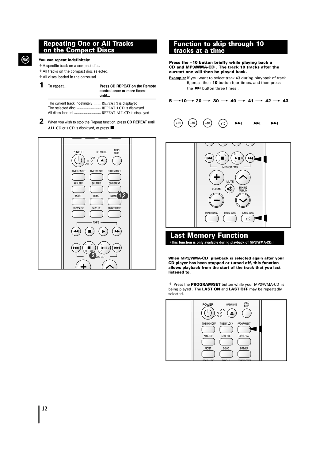 Samsung MAX-X66R/EDC manual Last Memory Function, Repeating One or All Tracks on the Compact Discs 