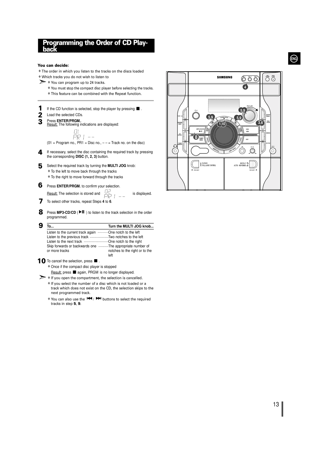 Samsung MAX-X66R/EDC manual Programming the Order of CD Play- back, Press MP3-CD/CD 